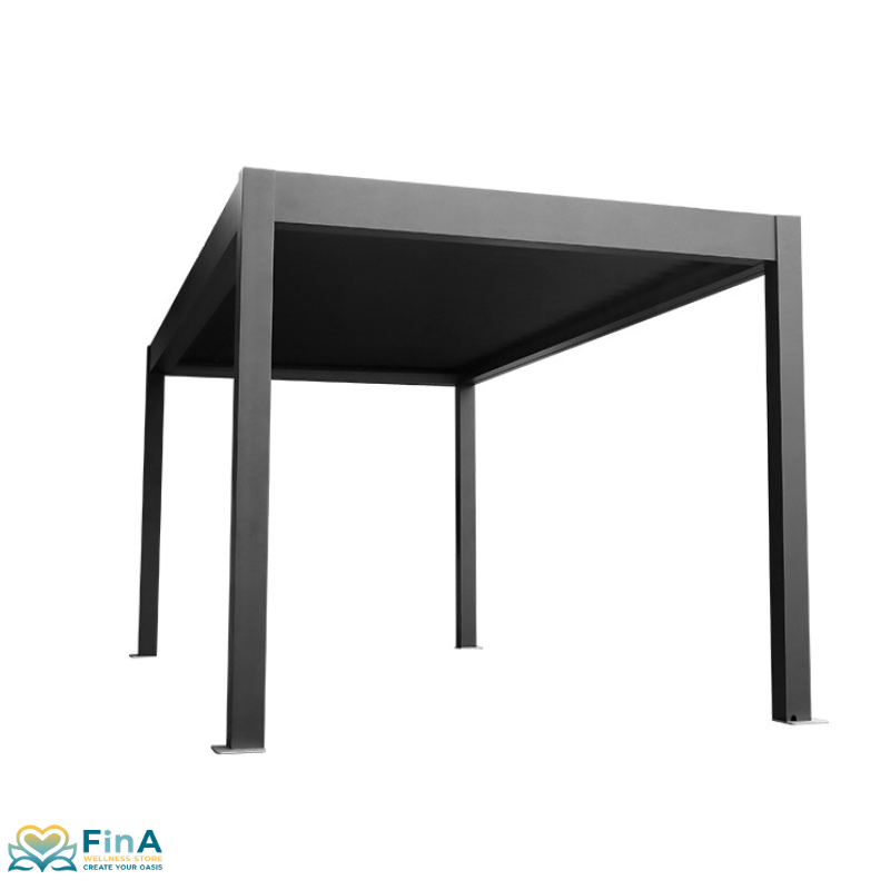 Free-standing bioclimatic pergola with closed slatted roof in anthracite-colored aluminum design against a white background.