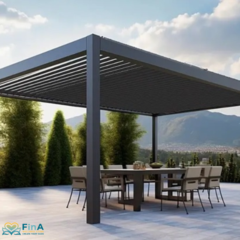 Modern bioclimatic pergola with adjustable slats above a stylish dining table on a terrace with a mountain panorama in the background.